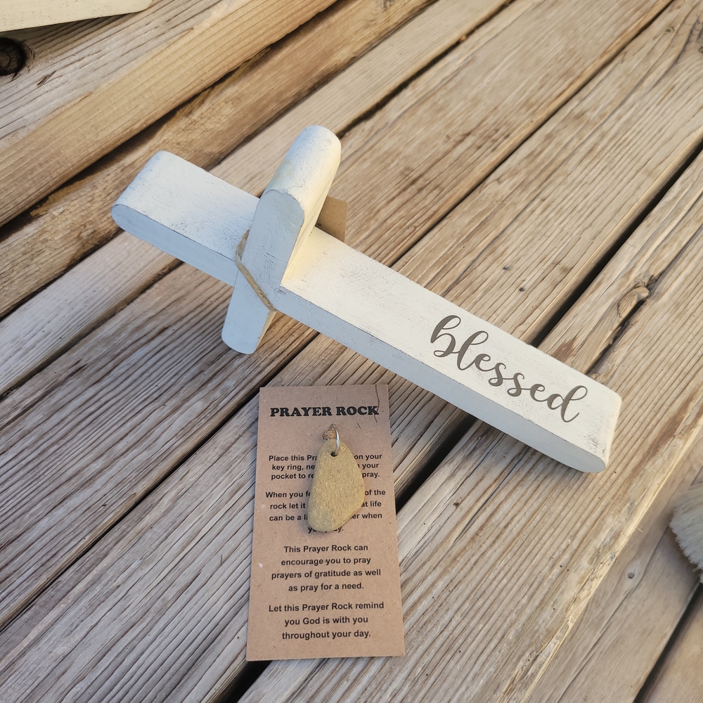 White Wooden Cross Decor with 'Blessed' Inscription